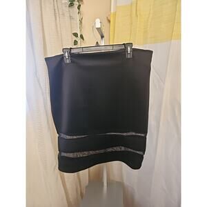 Black Mesh Trim Pencil Skirt XL High Waisted Sheer Accent Professional | Dots